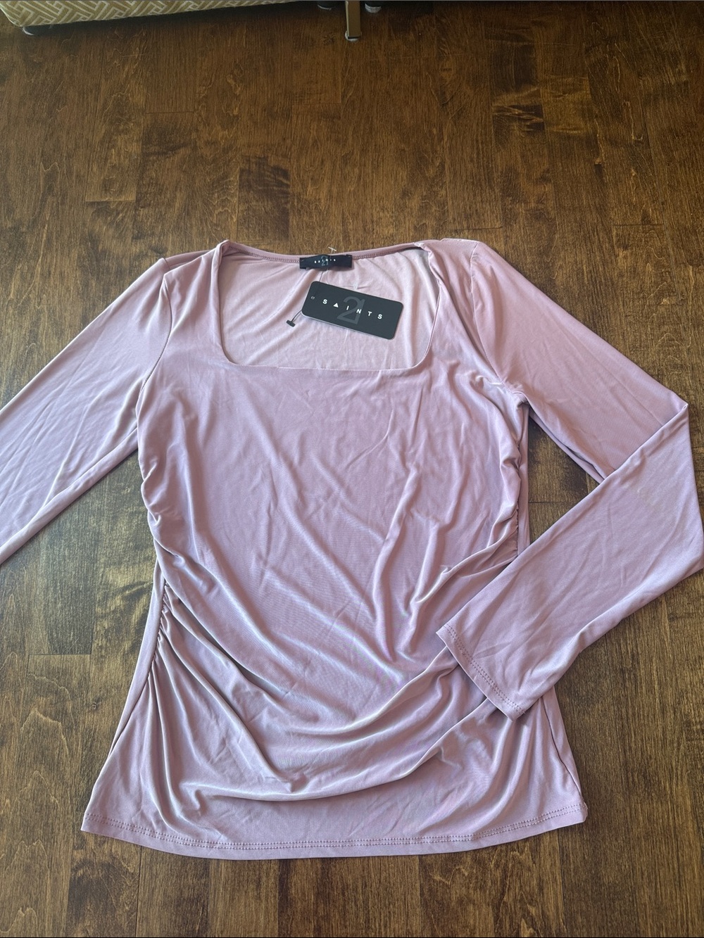 Square Neck Long Sleeve Tee with Side Ruching - Mauve
